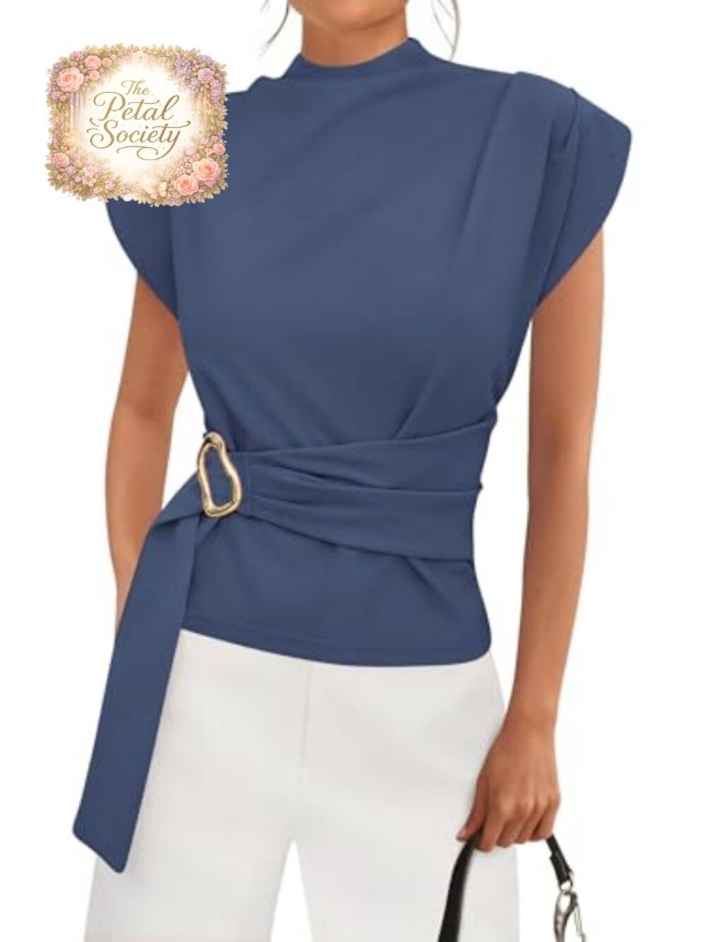 Women's Mock Neck Cap Sleeve Blouse with Gold Buckle Front Detail